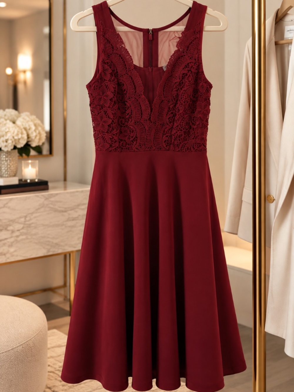 Grace Karin Burgundy Lace V-Neck Fit & Flare Cocktail Dress
